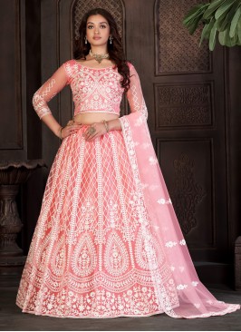 Trendy Lehenga Choli Embroidered Net in Peach