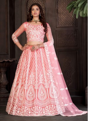 Trendy Lehenga Choli Embroidered Net in Peach