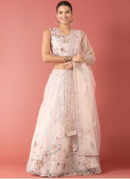 Trendy Lehenga Choli Embroidered Net in Rose Pink