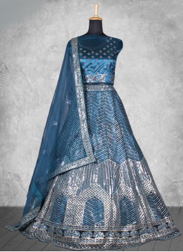 Trendy Lehenga Choli Embroidered Satin Silk in Blue