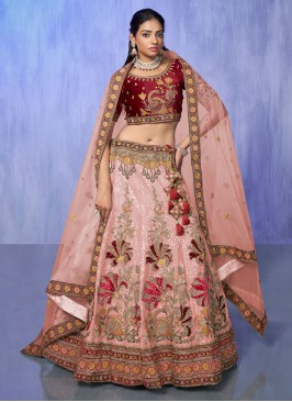 Trendy Lehenga Choli Embroidered Velvet in Peach