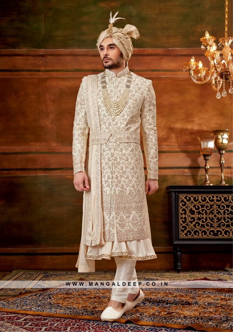 Buy Green Georgette Machine Embroidery and Thread Work Sherwani for  Engagement Online : 272418 -