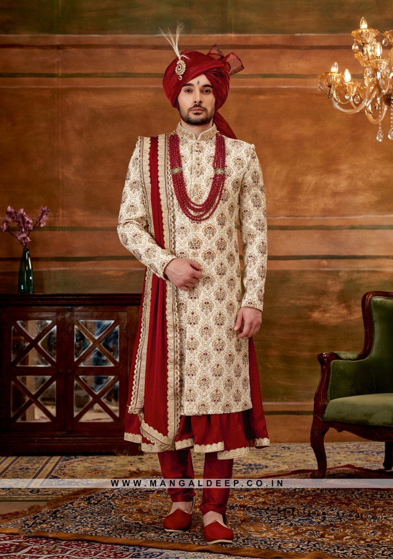 Off-White Silk Brocade Sherwani Suit Paired with Mala and Brooch