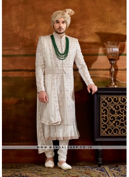 Trendy Men's Anarkali-style Sherwani with Hand & Machine Work With Chudidar Pant