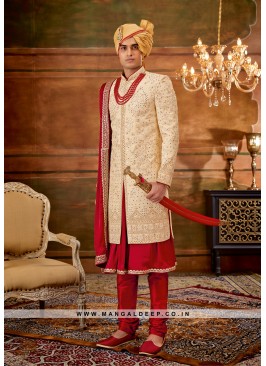 Trendy Men's Anarkali-style Sherwani with Hand & Machine Work With Chudidar Pant