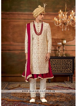 Trendy Men's Anarkali-style Sherwani with Hand & Machine Work With Chudidar Pant