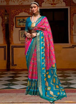 Trendy Patola Silk  Blue and Pink Weaving Saree