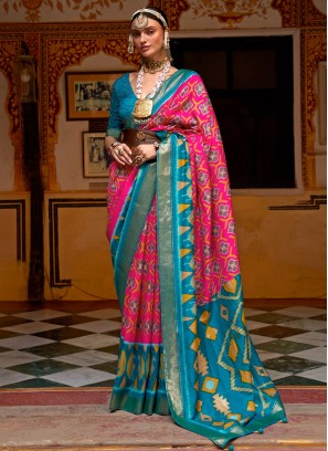 Trendy Patola Silk  Blue and Pink Weaving Saree