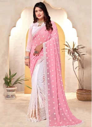 Trendy Pink and White Resham Saree