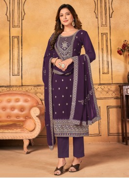 Trendy Salwar Kameez Embroidered Faux Georgette in Purple