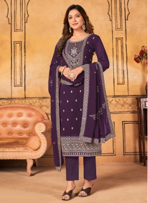 Trendy Salwar Kameez Embroidered Faux Georgette in Purple