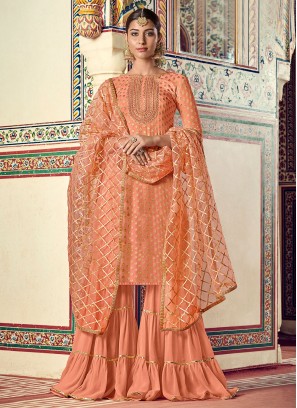 Trendy Salwar Kameez Embroidered Jacquard in Peach