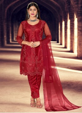 Trendy Salwar Kameez Embroidered Net in Red