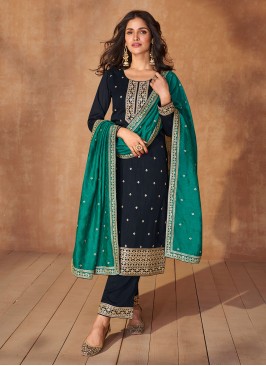 Trendy Salwar Kameez Embroidered Silk in Navy Blue