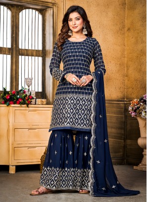 Trendy Salwar Kameez Thread Work Faux Georgette in Navy Blue