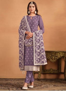 Trendy Salwar Suit Embroidered Faux Georgette in Purple