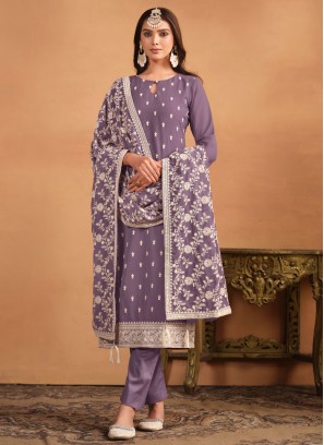 Trendy Salwar Suit Embroidered Faux Georgette in Purple