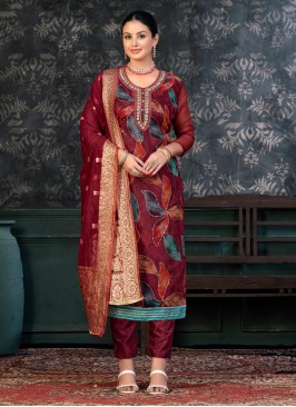 Trendy Salwar Suit Handwork Organza in Maroon