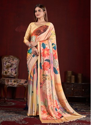 Trendy Saree Digital Print Crepe Silk in Beige