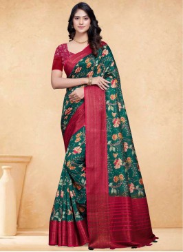 Trendy Saree Digital Print Tussar Silk in Green