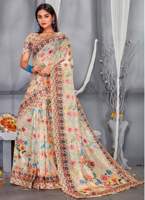 Trendy Saree Embroidered Net in Multi Colour