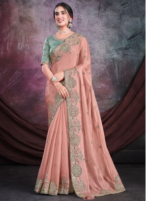 Trendy Saree Embroidered Shimmer in Peach