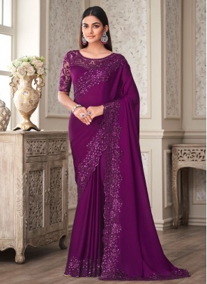 Trendy Saree Embroidered Silk in Purple