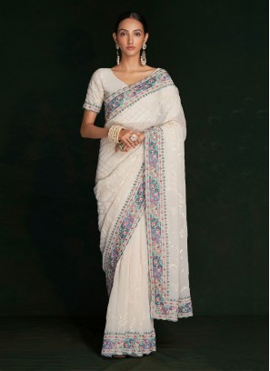 Trendy Saree Lucknowi work Georgette in Off White