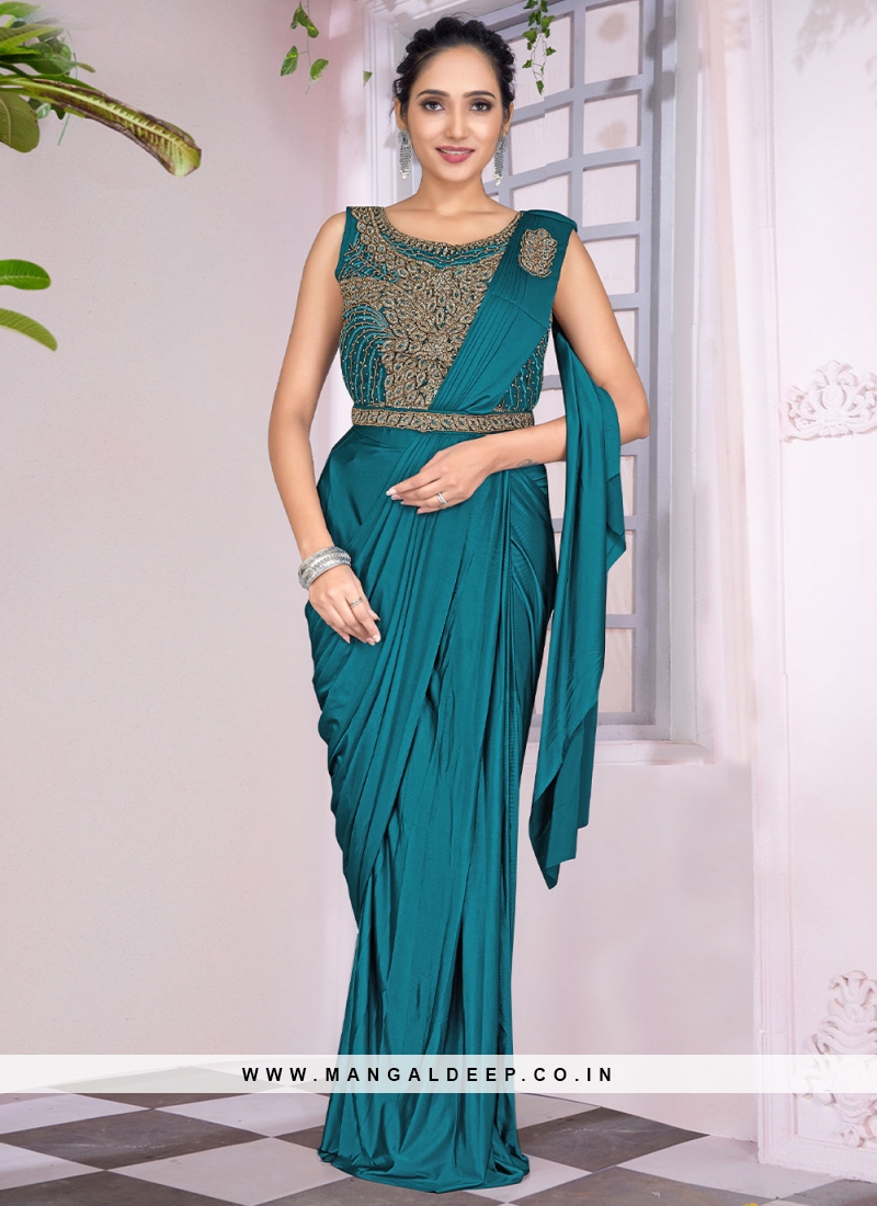 Trendy Saree Plain Imported in Teal