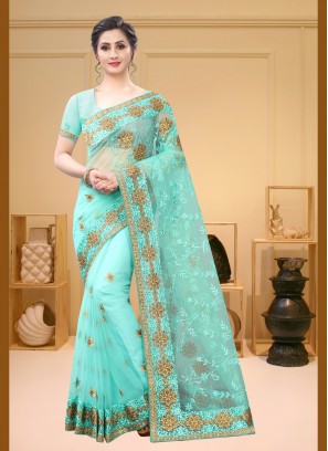 Trendy Saree Resham Net in Aqua Blue