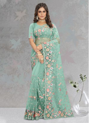 Trendy Saree Sequins Net in Sea Green