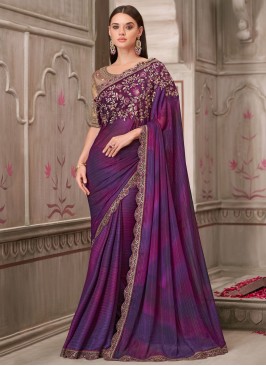 Trendy Saree Stone Georgette Satin in Purple