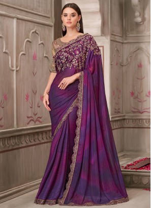 Trendy Saree Stone Georgette Satin in Purple