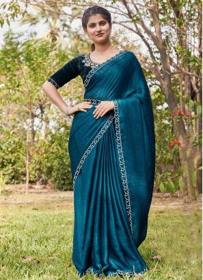 Trendy Saree Stone Satin Silk in Teal