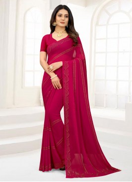 Trendy Saree Swarovski Faux Chiffon in Rani