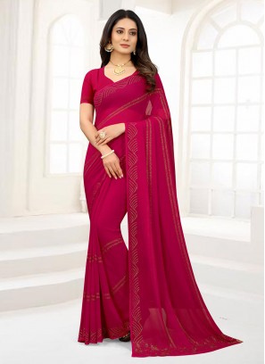 Trendy Saree Swarovski Faux Chiffon in Rani