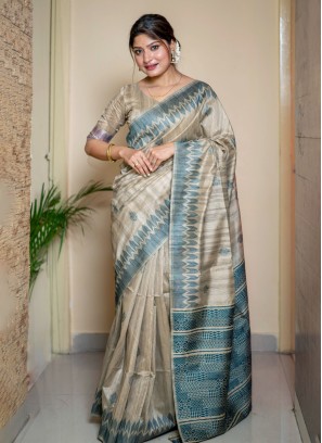 Trendy Saree Woven Tussar Silk in Beige