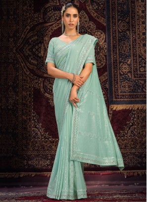 Trendy Sequins Sea Green Contemporary Saree