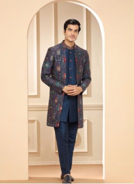 Trendy Silk Blue Raw Indowestern Suit For Reception