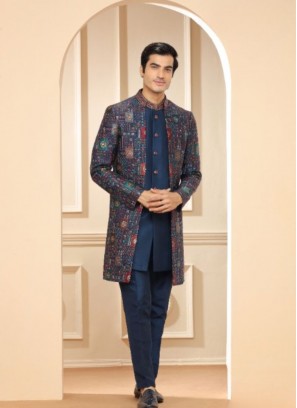 Trendy Silk Blue Raw Indowestern Suit For Reception