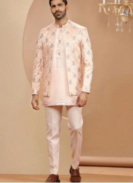 Trendy Silk Peach Indowestern Suit For Reception