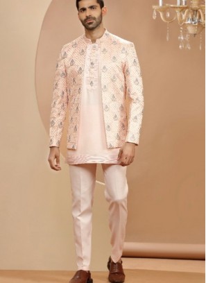 Trendy Silk Peach Indowestern Suit For Reception