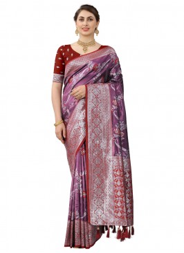 Trendy Weaving Purple and Red Kanjivaram Silk Trendy Saree