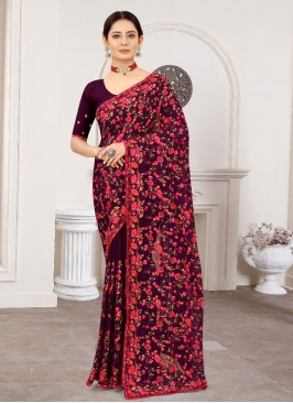 Trendy Wine Embroidered Faux Georgette Designer Saree