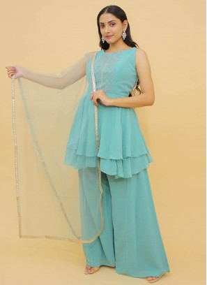 Tuquoise Color Georgette Readymade Plazzo Dress