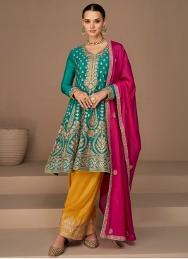 Turquoise and Yellow Silk Resham Readymade Salwar Suit