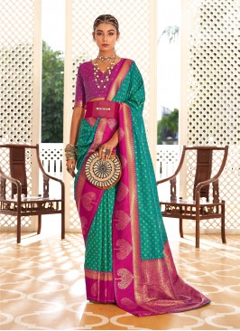 Turquoise Banarasi Silk Party Classic Saree