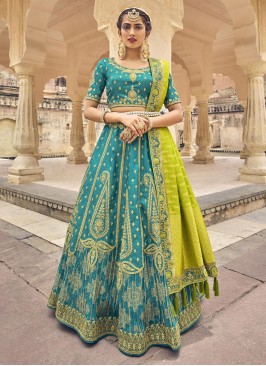 Turquoise Banarasi Silk Resham Designer Lehenga Choli