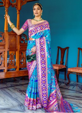 Turquoise Banarasi Silk Woven Classic Saree