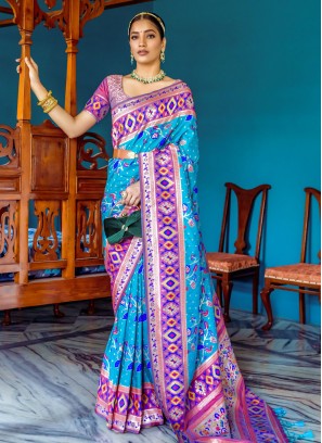 Turquoise Banarasi Silk Woven Classic Saree
